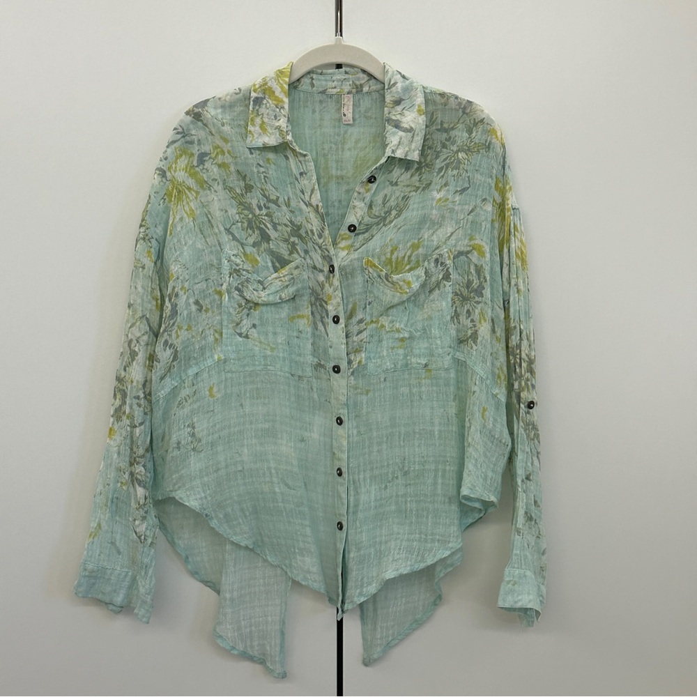 Free People Aqua Floral Open-Weave Button-Down Shirt Sz XS